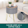 Round Linen-Look Storage Ottoman Footstool Wood Frame w/ Metal Legs Grey