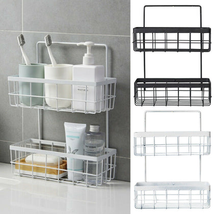 2 Tier Metal Wire Storage Basket Rack Wall Mounted Bathroom Shower Caddy Shelf