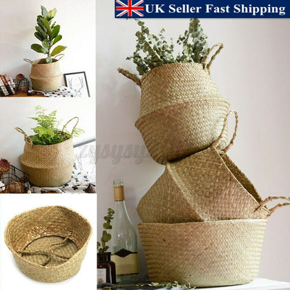 Foldable Seagrass Woven Storage Plant Flower Pot Belly Basket Laundry Hamper CA