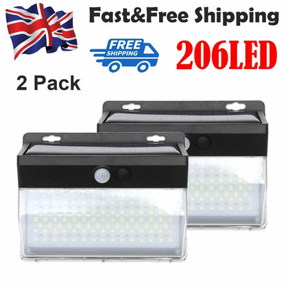 2xSolar Powered Garden Wall Light 206LED PIR Motion Sensor Security Lamp Outdoor