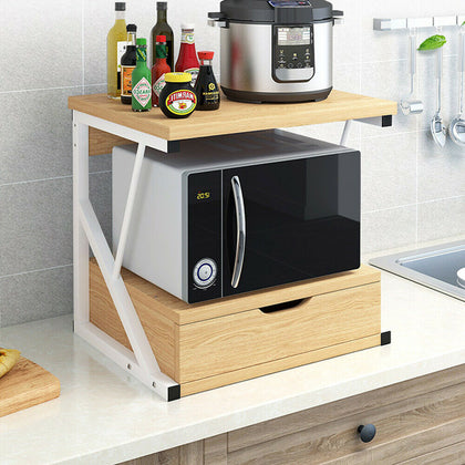 2 Tier Microwave Rack with Drawer Kitchen Shelf Holder Storage Organizer Stand