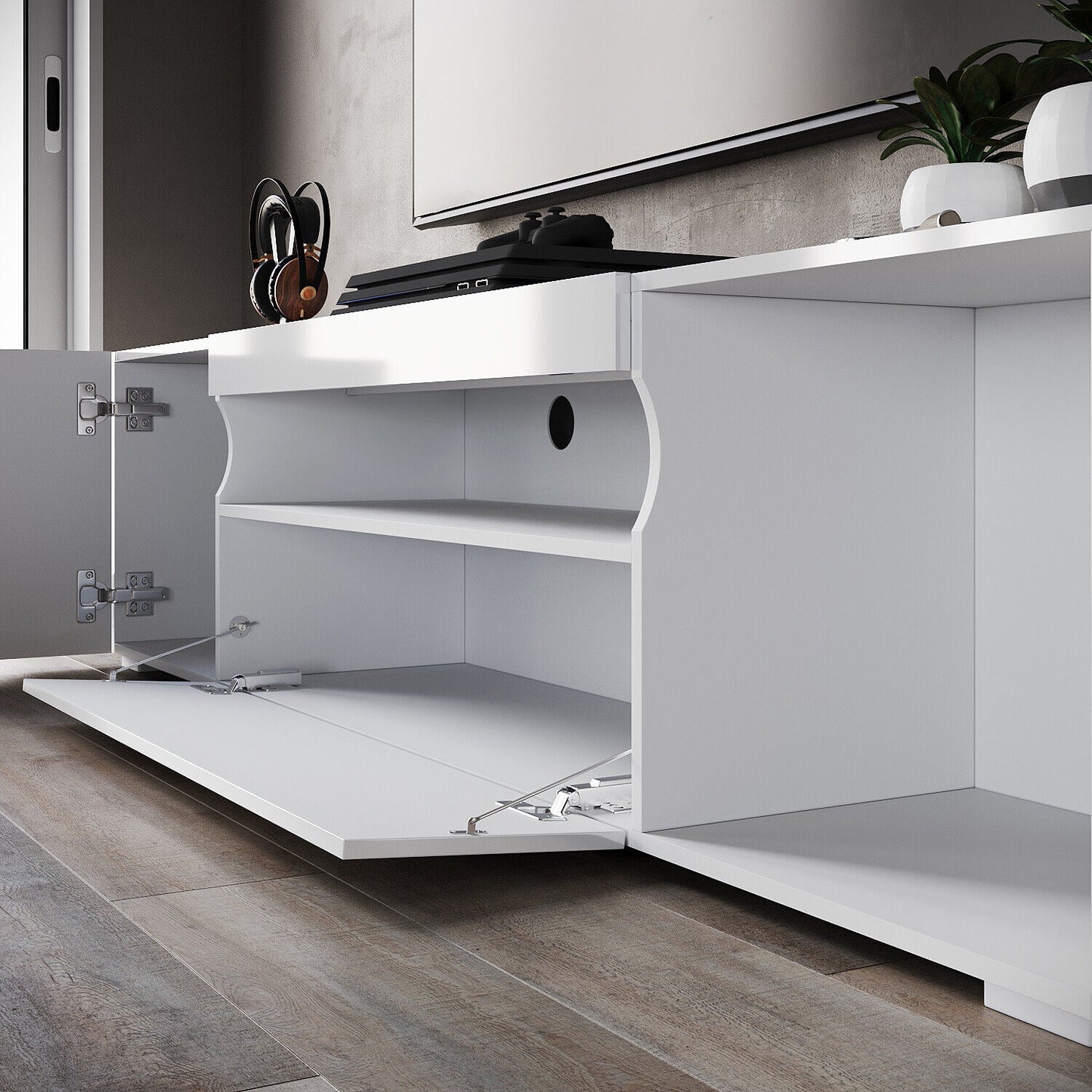 High Gloss White TV Stand Cabinet Unit Doors Storage with RGB LED Cupboard 200cm