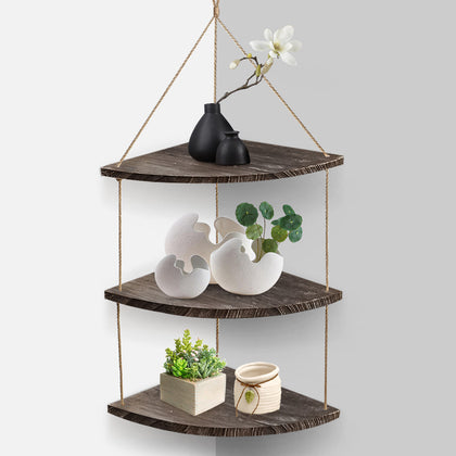 3 Tier Wood Floating Corner Shelf Rustic Wall Hanging Display Storage Rack