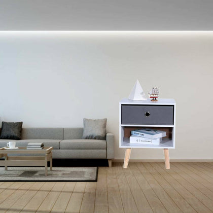 Bedside Rack with Shelf Drawer Nightstand White Grey Cabinet Side Table Storage