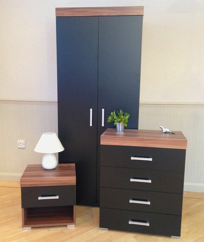 3 Piece Black & Walnut Bedroom Set! Wardrobe, 4 Drawer Chest, Bedside Table! NEW