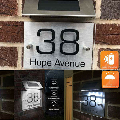 MODERN HOUSE SIGN PLAQUE DOOR NUMBER STREET GLASS ALUMINIUM EFFECT SOLAR LIGHT