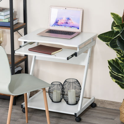 Movable Computer Desk with 4 Moving Wheels Sliding Keyboard Tray White