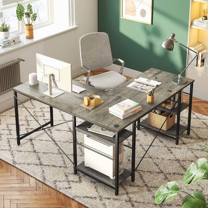 151cm L Shaped Desk w/ Adjustable Shelves, Revisible Coner Table for Home Office