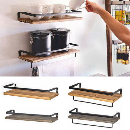 2X Rustic Wall Shelf Kitchen Storage Spice Rack Wooden Towel Holder Display Rack