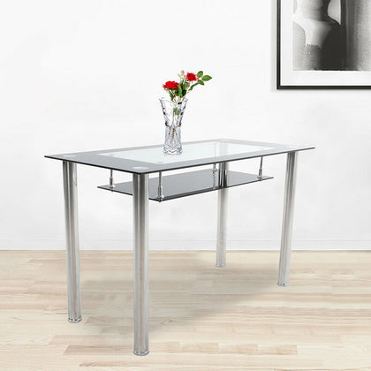 Black Dining Table 2 Tier Tempered Glass Top Clear Metal Legs Kitchen Diningroom