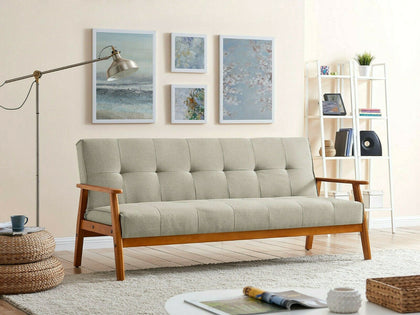 Sofa Bed Fabric 3 Seater Oak/Brown Colour Wood Cream Scandinavian Modern Sofabed