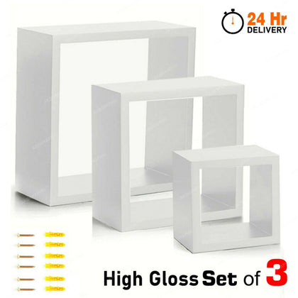 Set of 3 Floating Shelves Wood High Gloss Cube Wall Shelf Storage Display Unit