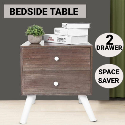 2 Drawer Retro Wooden Bedside Table Cabinet Bedroom Furniture Storage Nightstand