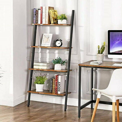 4 Shelves Wood Metal Ladder Shelf Bookshelf Display Shelving Leaning Wall Stand#