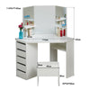 White Wood Corner Dressing Table Corner Makeup Desk 5 Drawer 3 Mirror and Stool