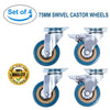 4pcs 75mm Heavy Duty Swivel Castor Wheels Rubber Trolley Furniture Brake Table