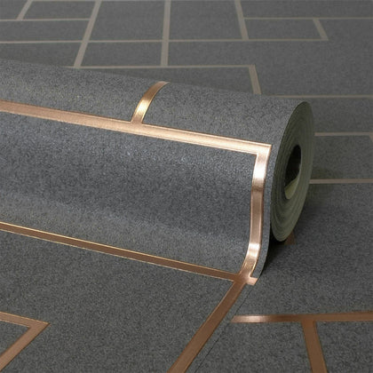 Platinum Square Geo Texture Wallpaper Charcoal & Copper FD42492 Fine Decor