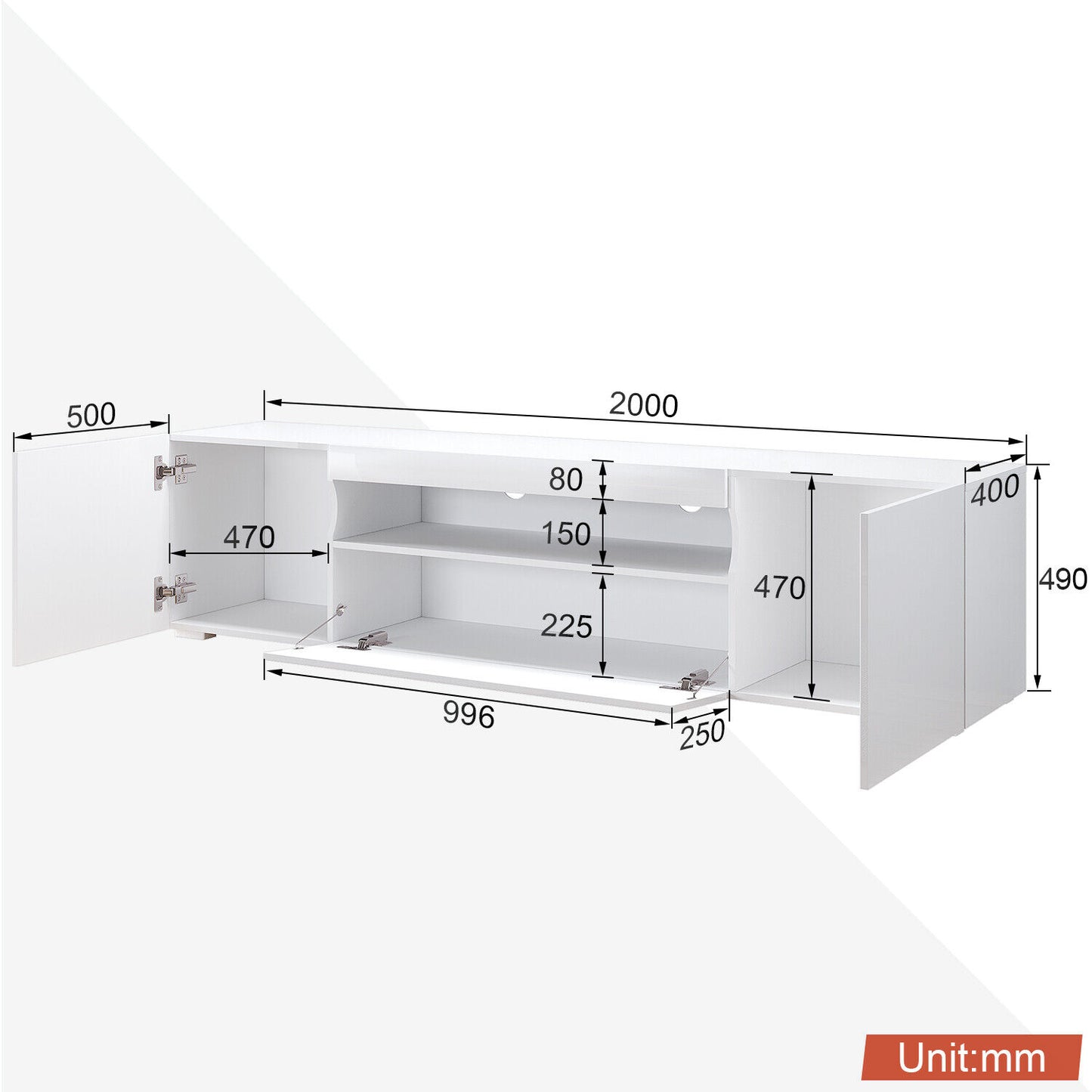 High Gloss White TV Stand Cabinet Unit Doors Storage with RGB LED Cupboard 200cm