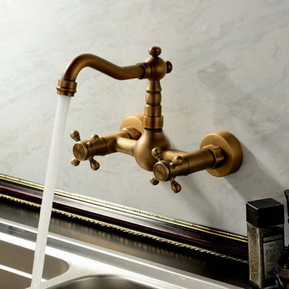 Wall Mount Antique Brass Swivel Bathroom Sink Faucet Basin Mixer Tap Dual Handle
