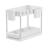 Mondeer 2 Tiers Under Sink Storage Shelf Organizer Rack 4 Hooks and 2 Cups White