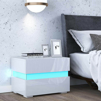 White High Gloss Chest of 2 Drawers Bedside Table Cabinets Nightstand RGB LED