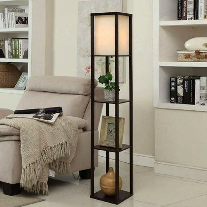 Wooden Shelf Floor Standard Lamp Lounge Reading Light 4 Tiered Shelving Home