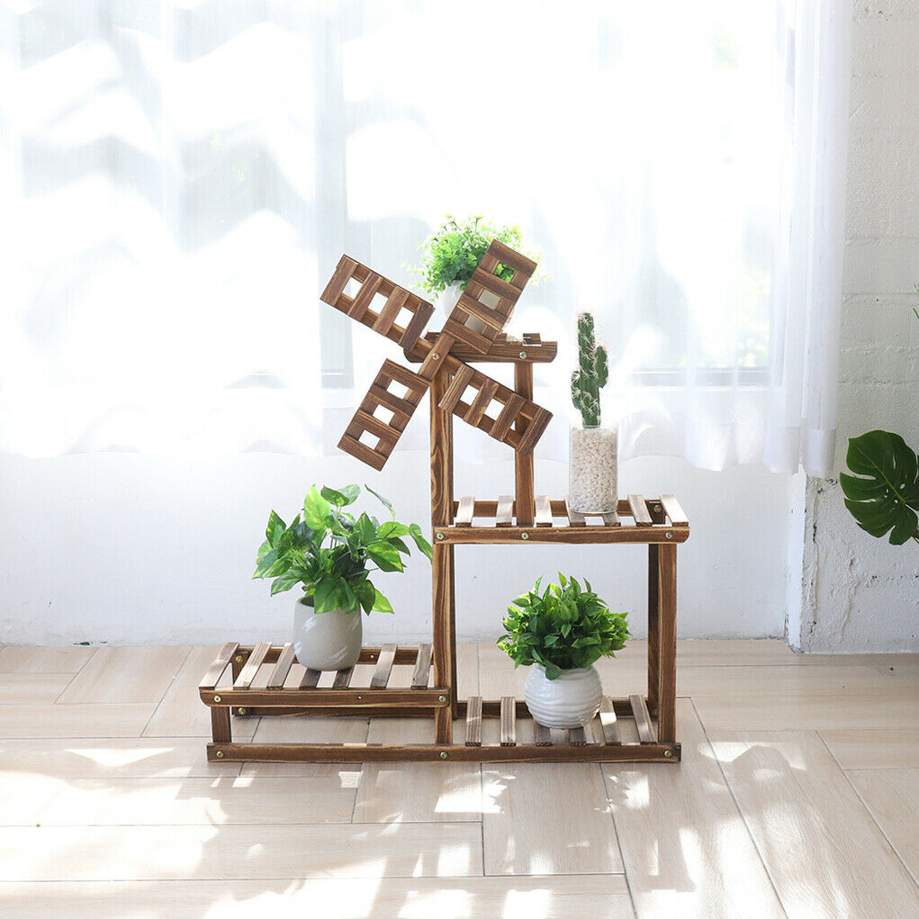 4 Tiers Flower Rack Wood Plant Stand Bonsai Display Shelf With Dutch Windmill