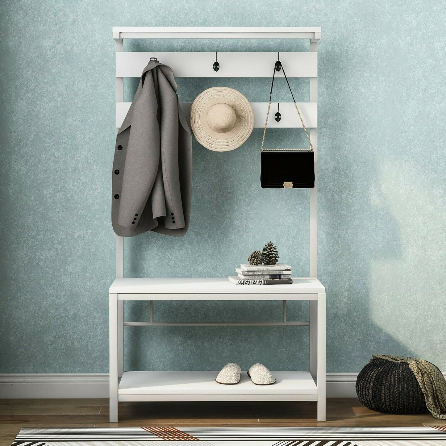 Coat rank Shoe Rack Hanging Bench Seat Hanger with Removable 6 Hooks Wood