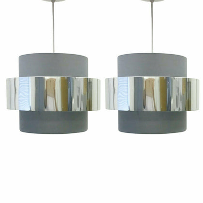 Pair of Modern Ceiling Light Shade Easy Fit Pendants Grey with Chrome Design