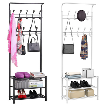 Metal Coat Rack Stand with 18 Hooks & 3-Tier Shelves Hats Shoes Rack for Hallway