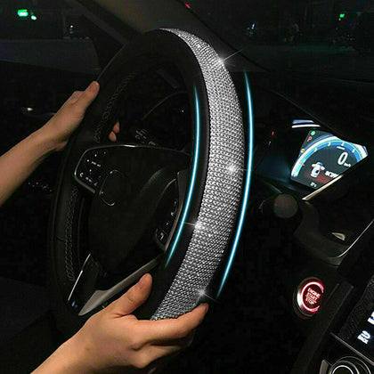 Car Steering Wheel Cover Crystal Sparkled Diamond Cover PU Leather Skidproof UK