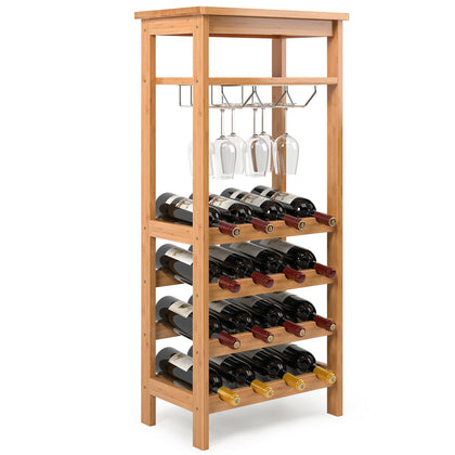 16 Bottles Wine Rack Storage Shelf with 9 Glass Holder Freestanding Wine Holder