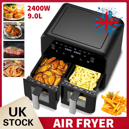 Air Fryer Dual Basket 9 Litre Touch Digital Display with Timer Non-Stick Kitchen
