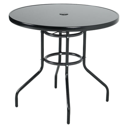 Garden Bistro Table Tempered Glass Top Metal Leg Coffee Table with Parasol Hole