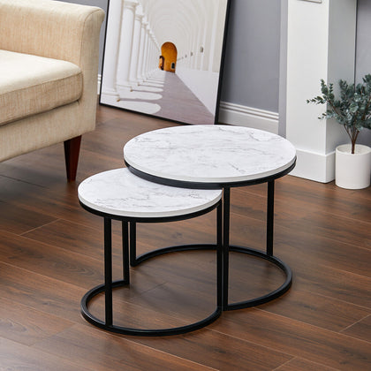 MODERN SET OF 2 MARBLE EFFECT NEST OF TABLE ROUND SIDE TABLE WITH METAL FRAME