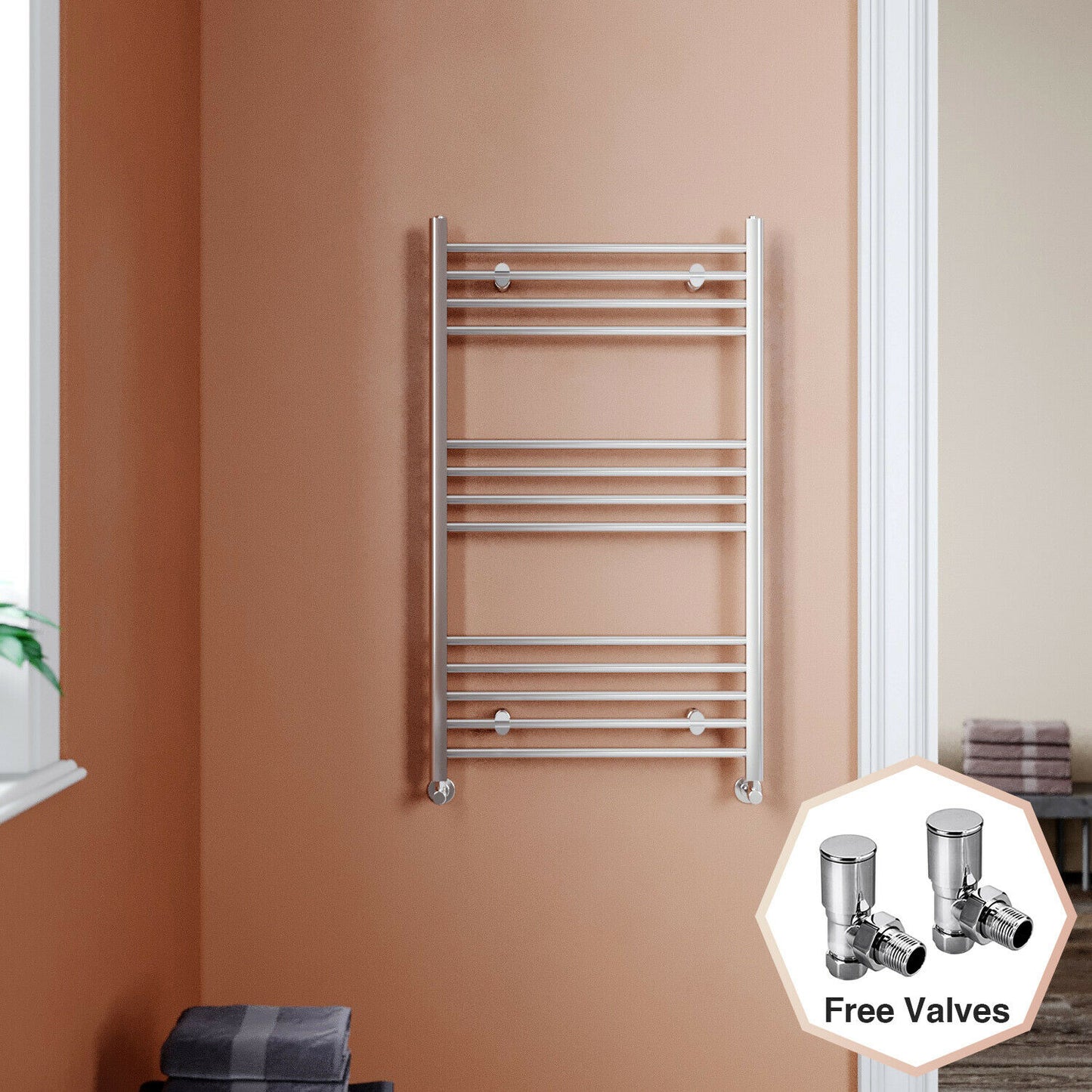 Chrome Towel Rail Radiator Rads Bathroom Heated Straight Ladder Warmer w/ Valves