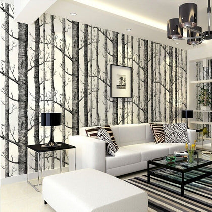 10M Roll Nonwoven Fabric White Birch Tree Wallpaper Living Room Bedroom Office