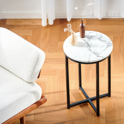 Round Coffee Table End Small Bedside Table White Faux Marble & Black Base Modern