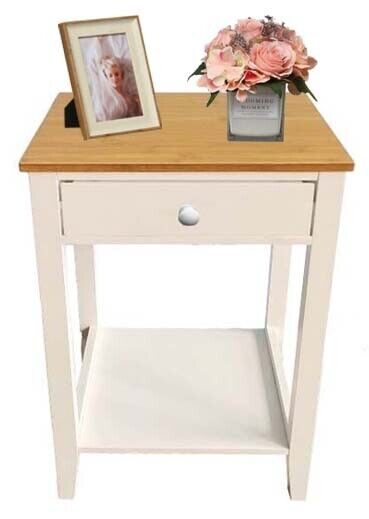 WHITE BEDSIDE TABLE CABINET STORAGE SHELF/DRAWER BEDROOM NIGHTSTAND NATURAL TOP