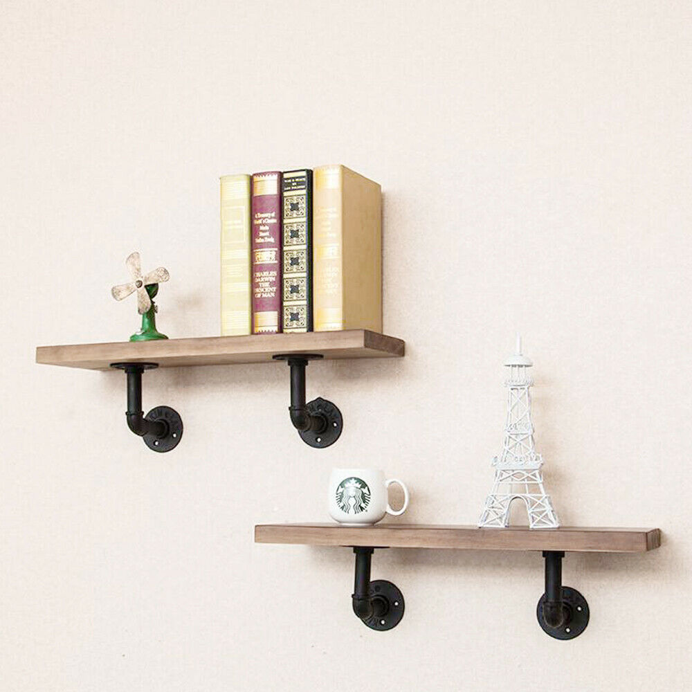 Shelving Unit Vintage Industrial Pipe Wooden Metal Wall Floating Shelf Storage