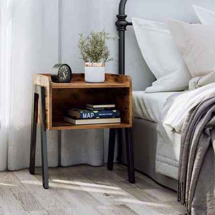 Industrial Rustic Wood Bedside Table Night Stand Open Shelf Drawer Side Cabinet