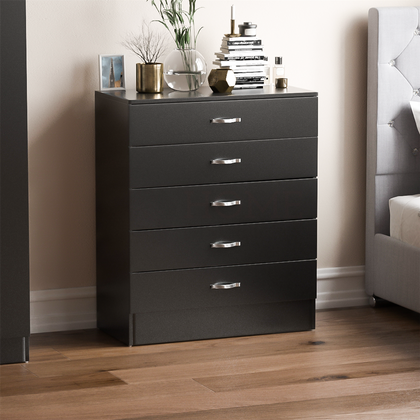 Riano 5 Drawer Chest Black Wood Dresser Bedroom Storage Furniture Unit