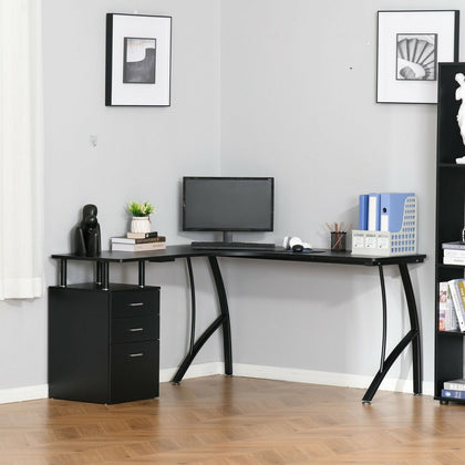 Black Corner Desk with Storage Cabinet Drawer Home Office L Shape Computer Table