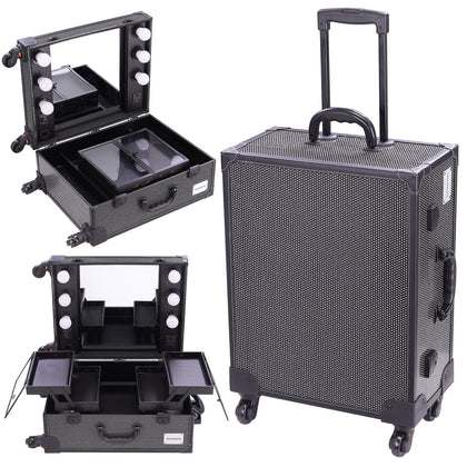 Portable Beauty Makeup Case Rolling Trolley Box Travel Workstation Lights Mirror
