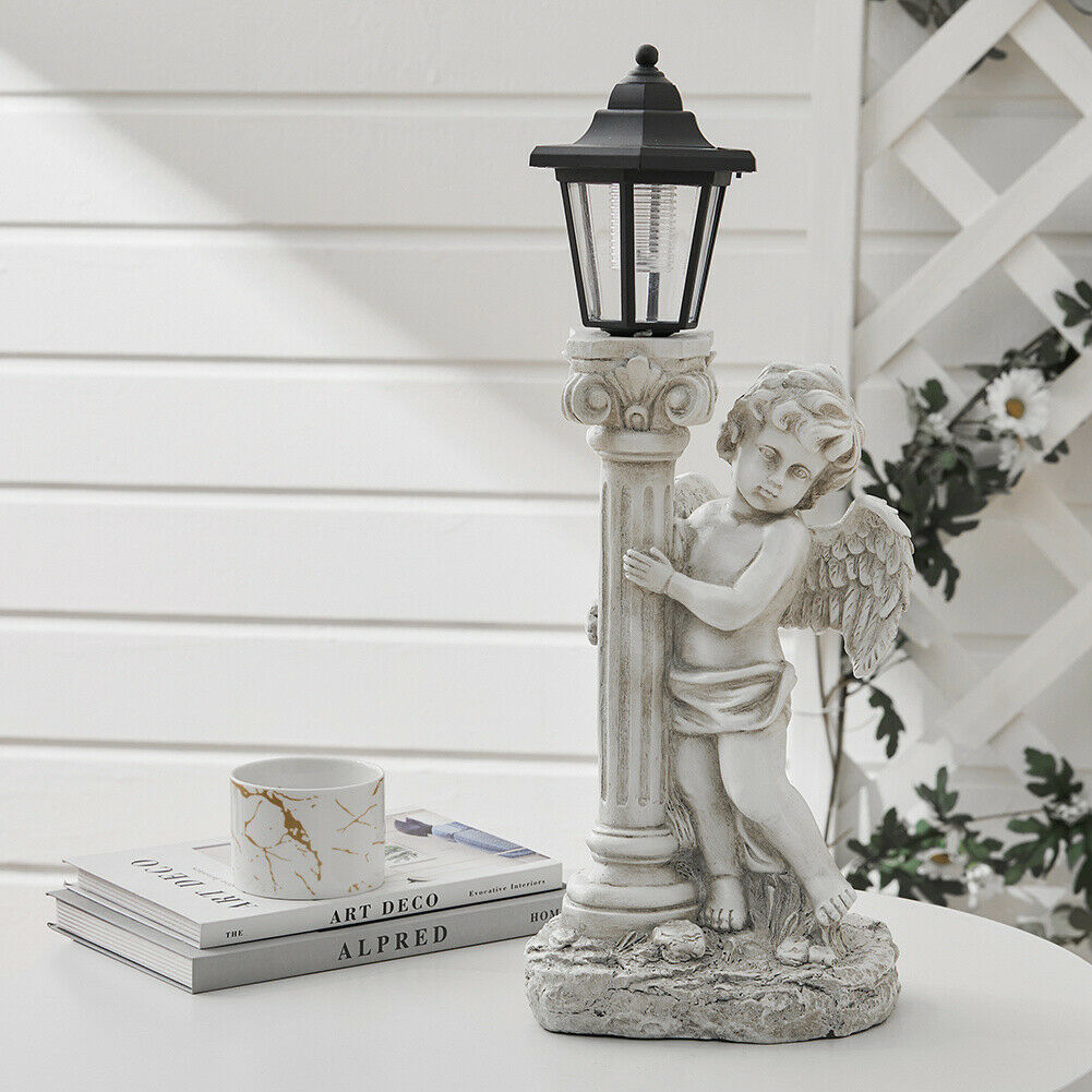 Resin Angel Statue with Lantern Solar Power Garden Lamp Post Figurine Ornament