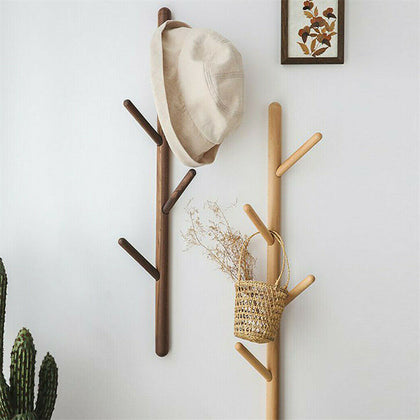 Set of 2 Wooden Wall Mounted Coat Rack Hat Stand Clothes Hanger Hooks Heavy Duty