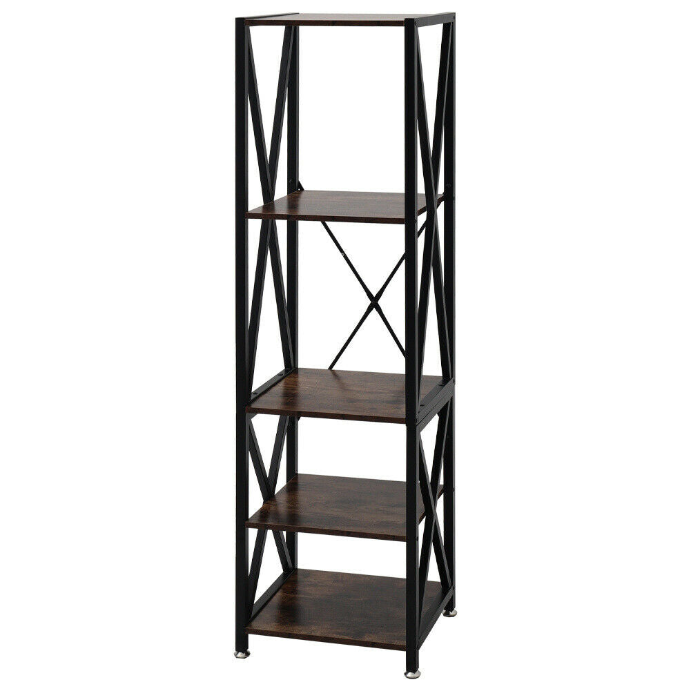 Rustic Wood Bookcase with Metal Frame 5 Tier Display Shelf Stand 45x40x163cm