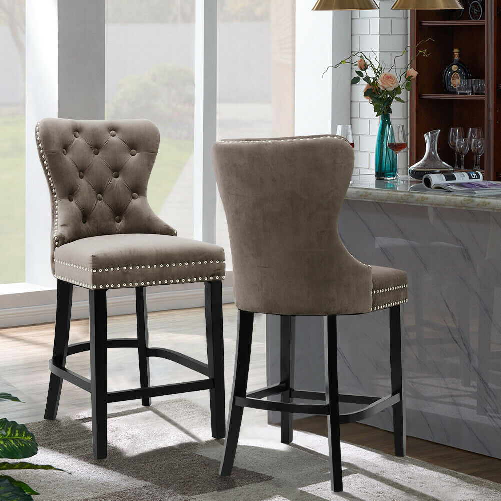 Grey Linen Fabric Breakfast Counter Chairs Bar Stools Wood Barstools Stool Chair