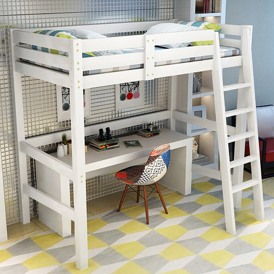 3FT High Sleeper Loft Cabin Bed For Child Kid Wooden Bunk Bed Frame Ladder White
