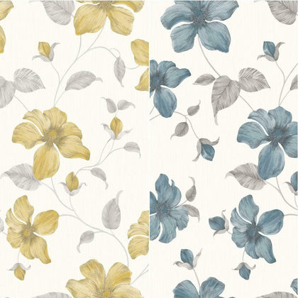 Grandeco Magnolia Floral Leaf Flowers Leaves Wallpaper Glitter Textured Vinyl